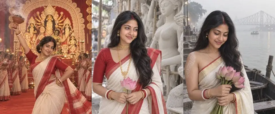 Three Pujo Looks: dhunuchi dance before the protima, a lotus in Kumartuli, and Agomoni at a misty Ganga ghat